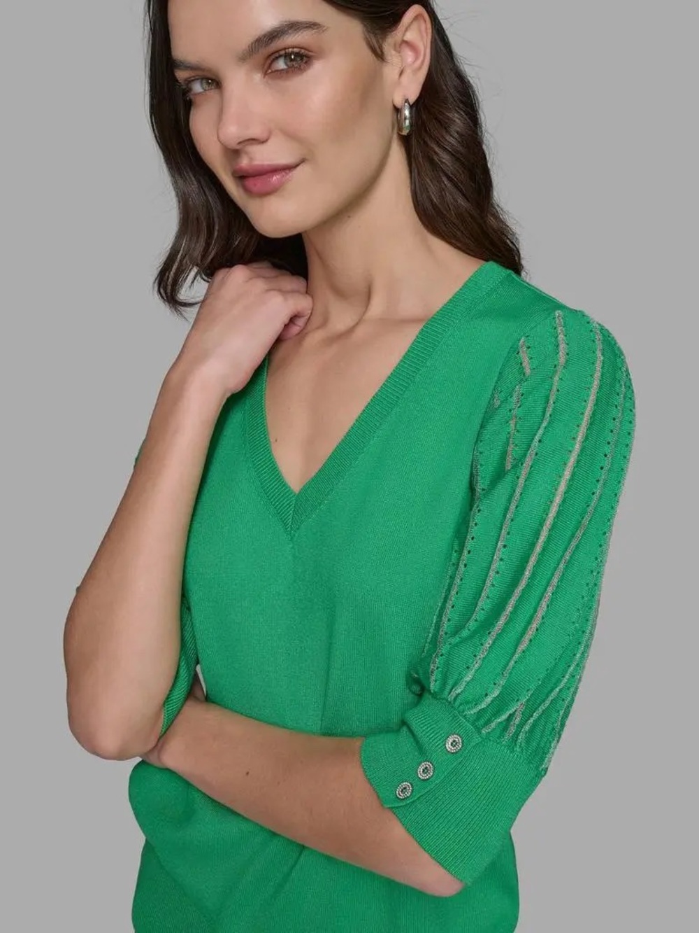 Karl Lagerfeld Bright Green V-Neck Puff Sleeve Sweater